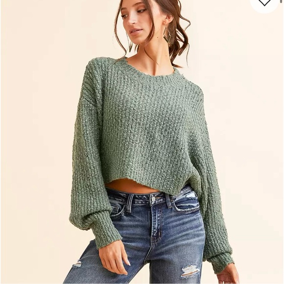 HYFVE Popcorn Stitch Cropped Sweater Green Textured - Picture 1 of 5